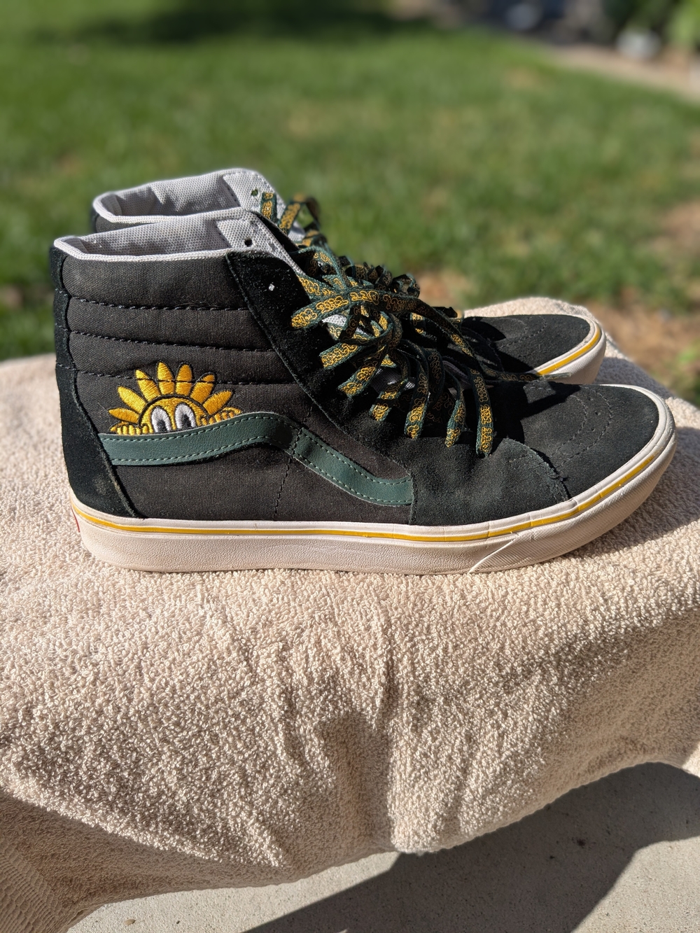 Vans High Top Sneakers in Black with Green Stripe and Yellow Sunflower - Picture 2 of 5